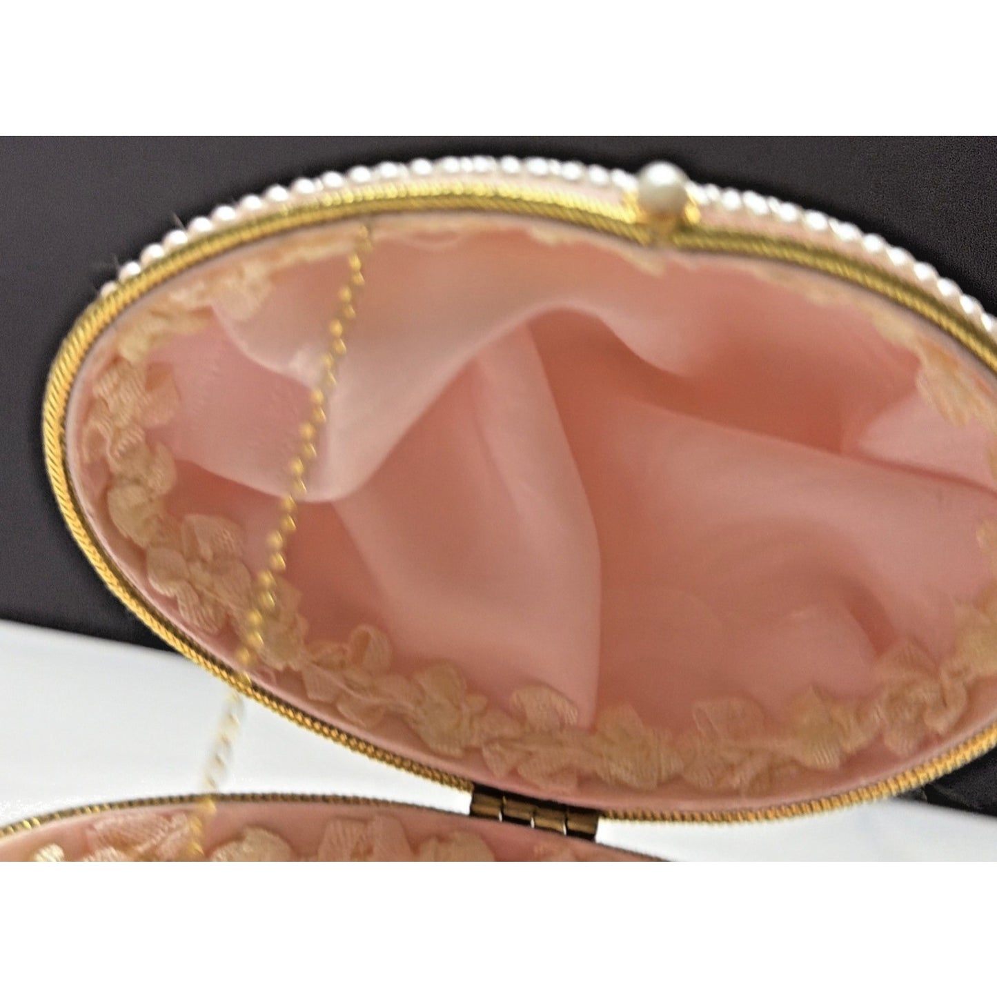 Egg Fantasy Hand Decorated Goose Egg Pink Trinket Jewelry Box Porcelain Flowers
