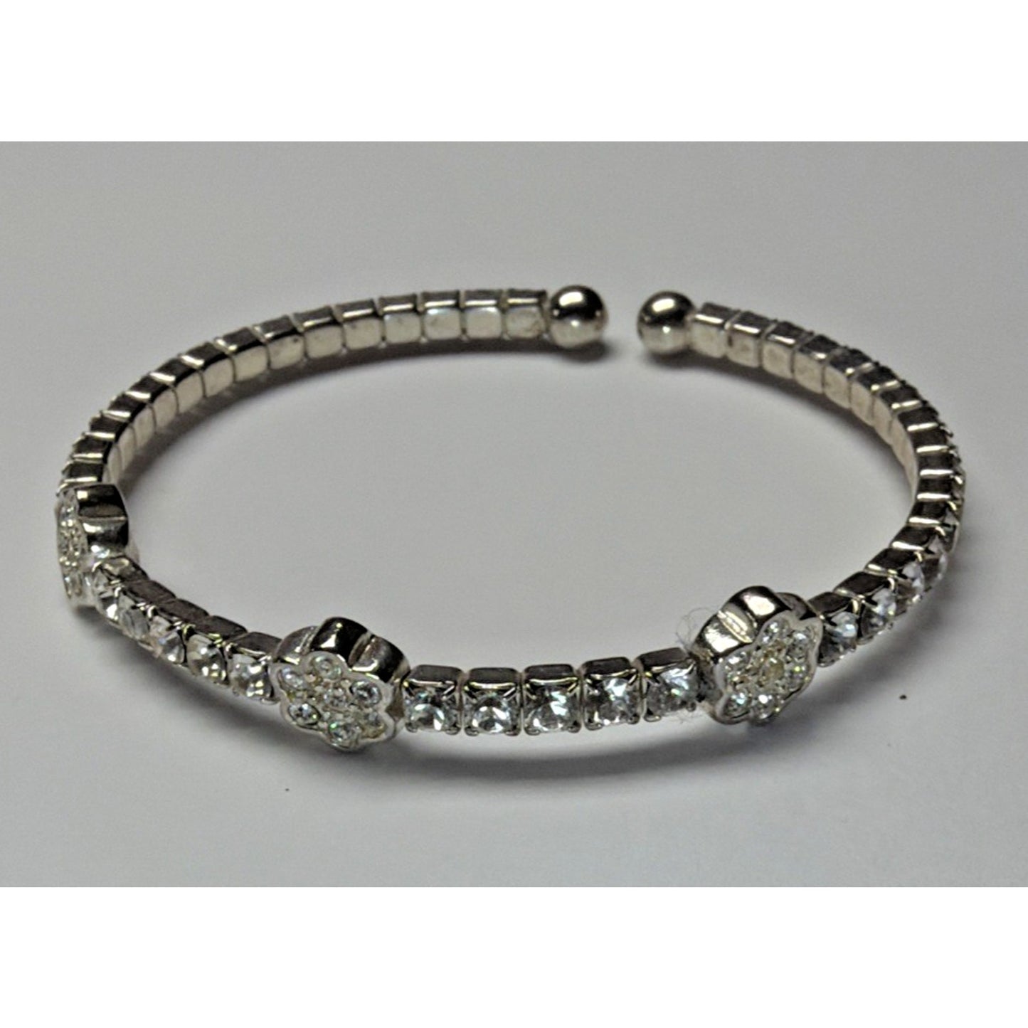 Vintage Clear Rhinestone Silver Cuff Bracelet Flower Clover
