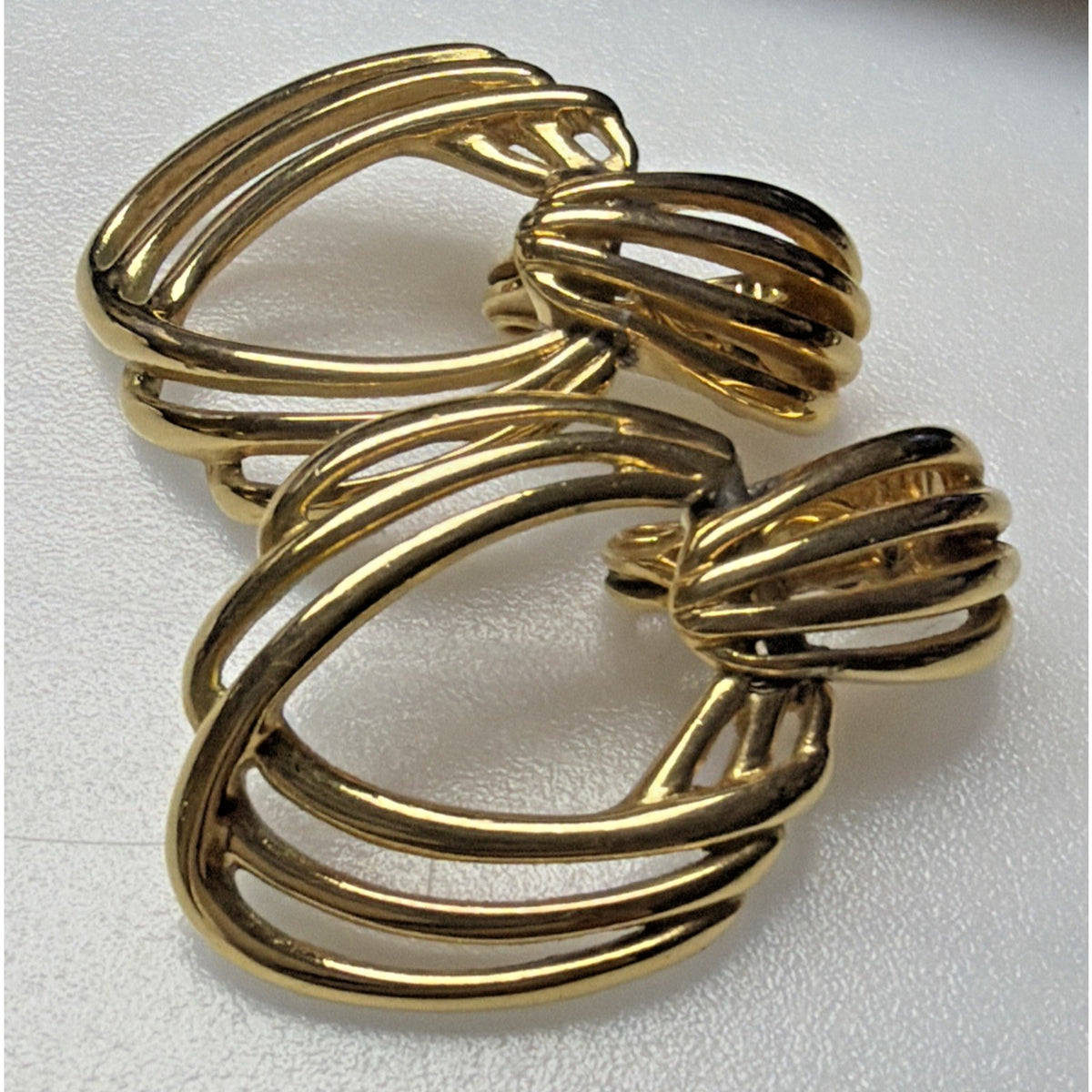 Vintage Monet Earrings Gold Tone Door Knocker Dangle Clip On Triple Hoop
