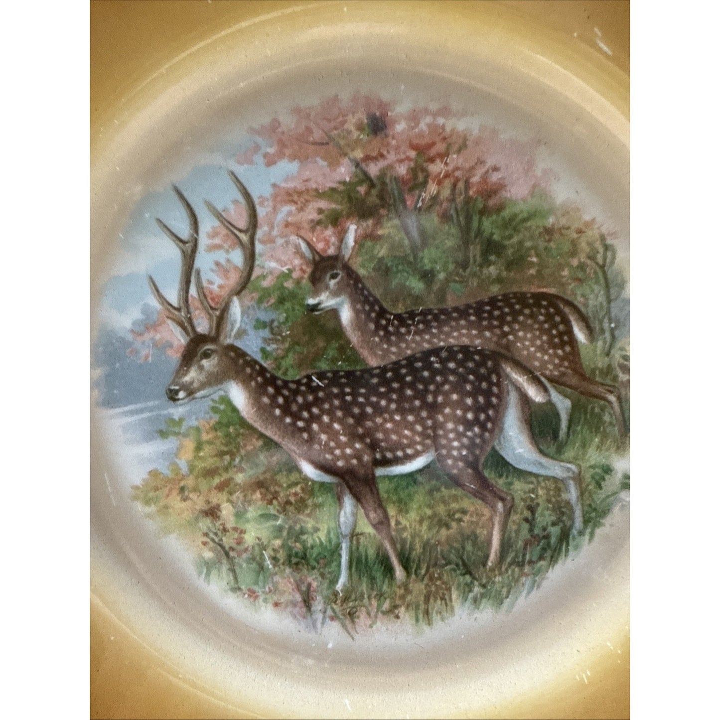 Old Latona Taylor Smith Taylor Hand Painted Plate Deer Rack Landscape Signed