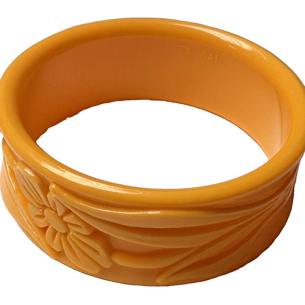 Vintage Molded Deeply Carved Plastic Floral Bangle Bracelet Taiwan Orange