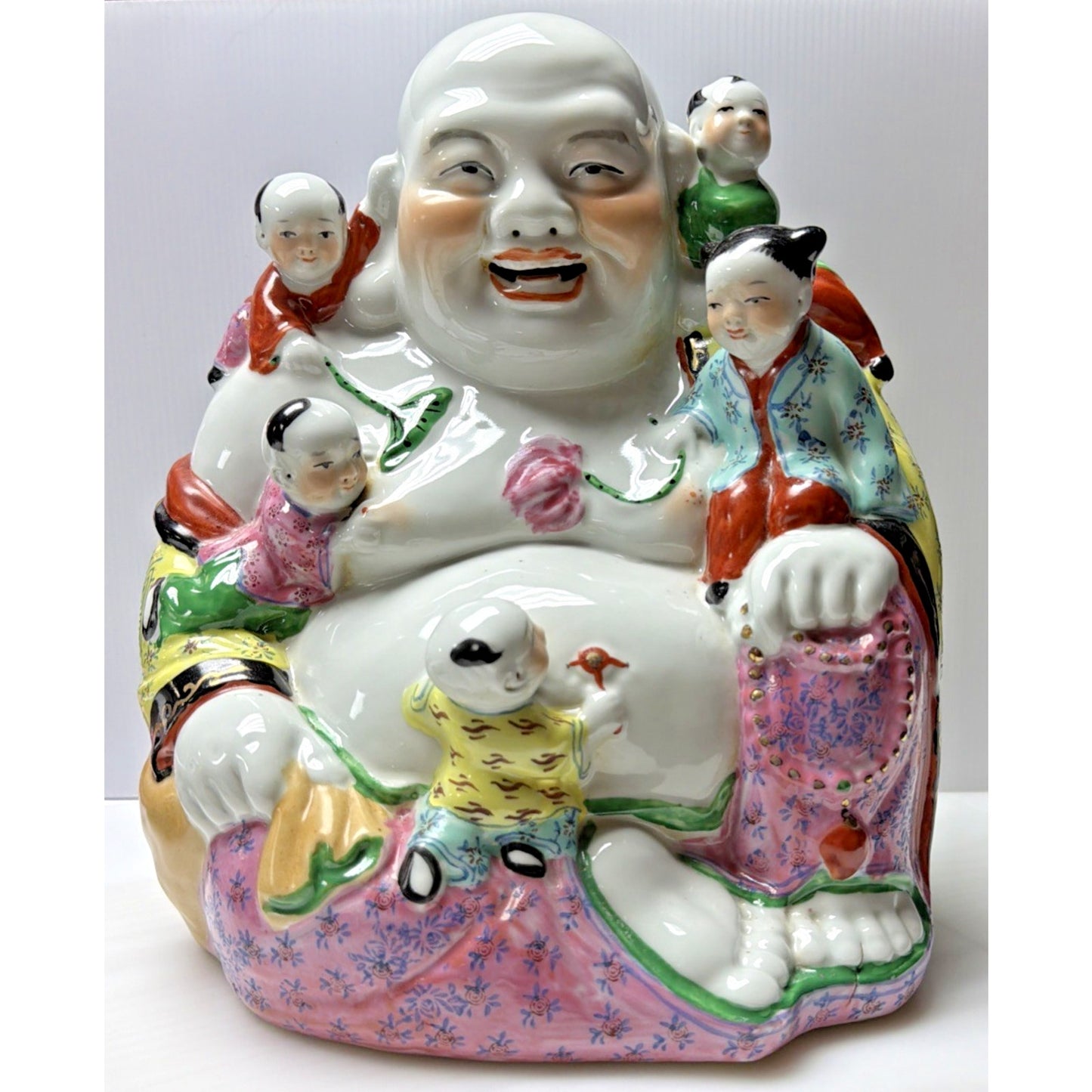 Chinese Famille Rose Jaune Laugh Buddha Fertility Painted 5 Children 12" Stamped