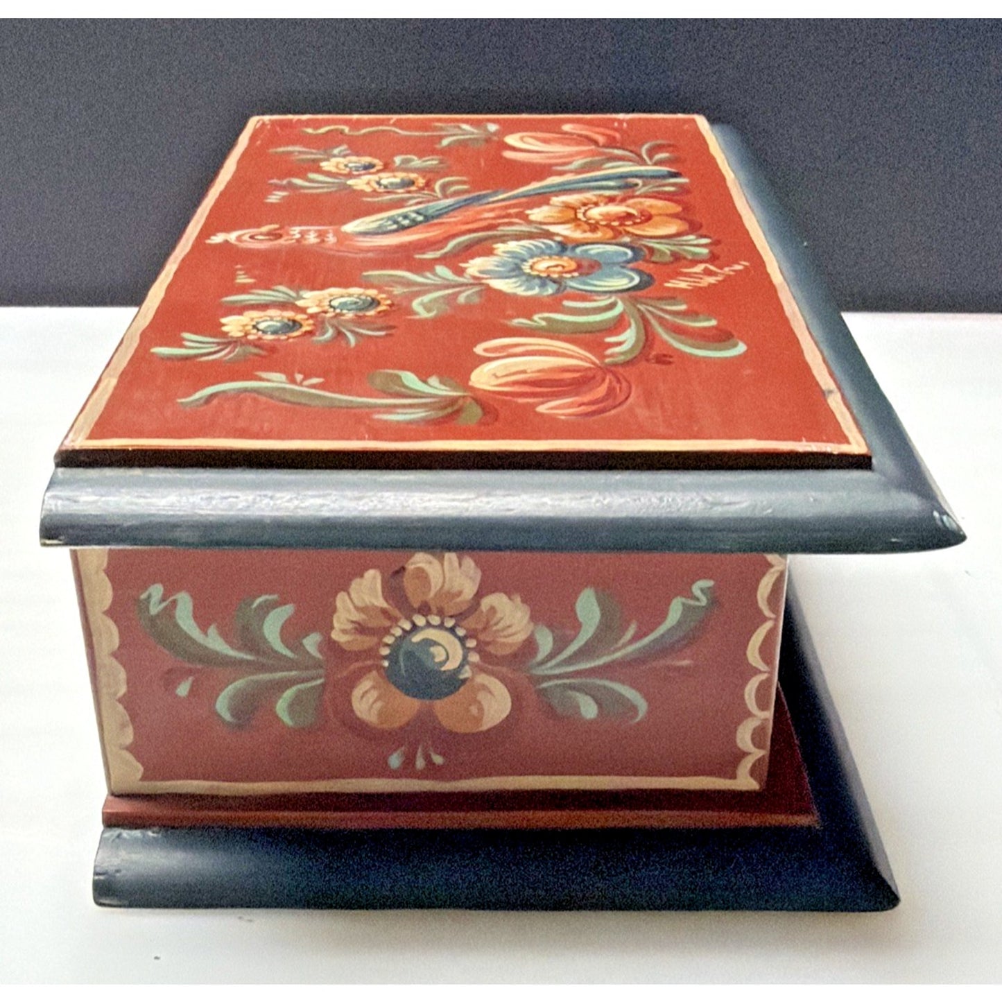 Folk Art Hindeloopen Wood Hand Painted Box Signed HW Zeed Bird Floral Hinged