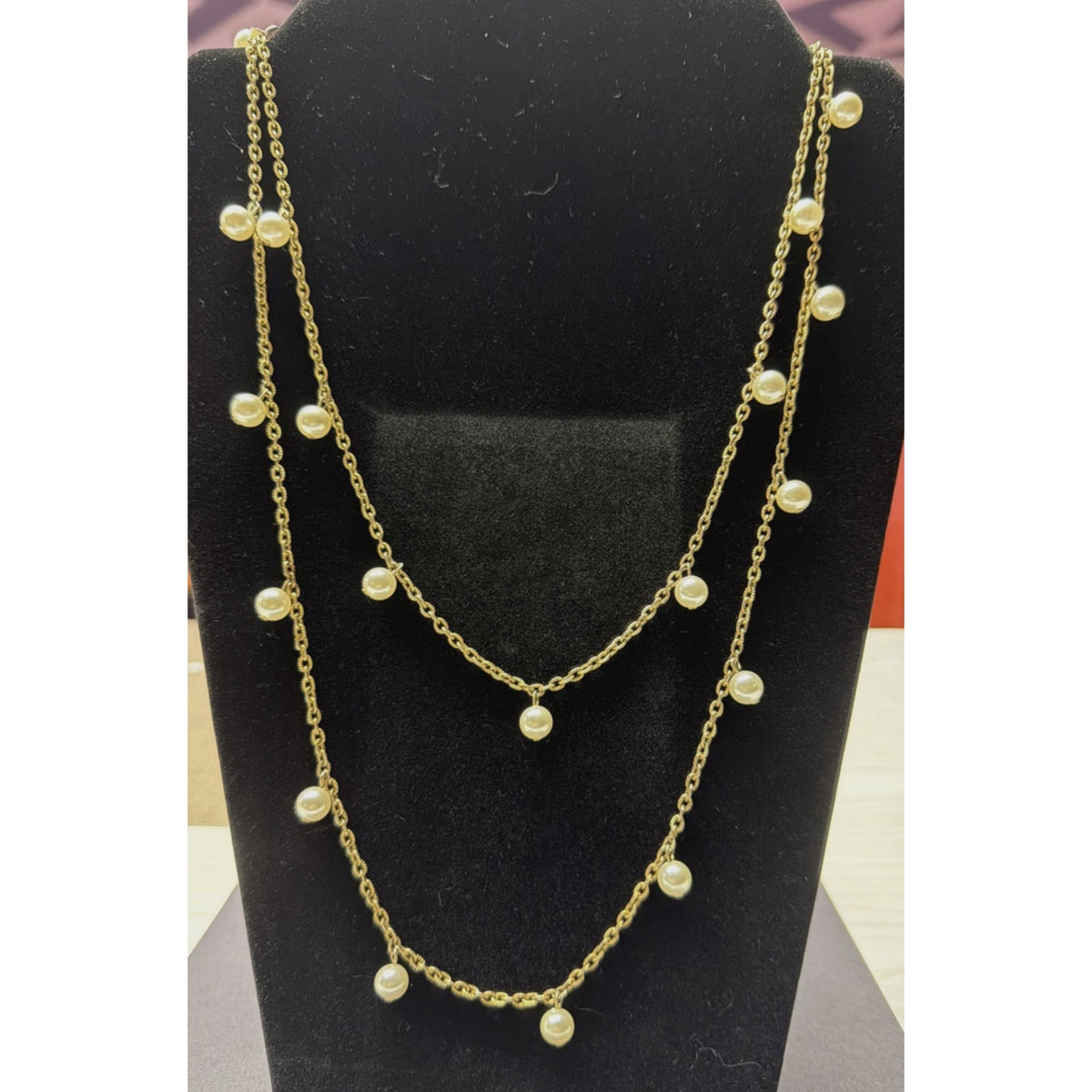 Vintage Tammey Jewels Faux Pearl Drop Necklace Gold Tone Metal Signed Oval Link