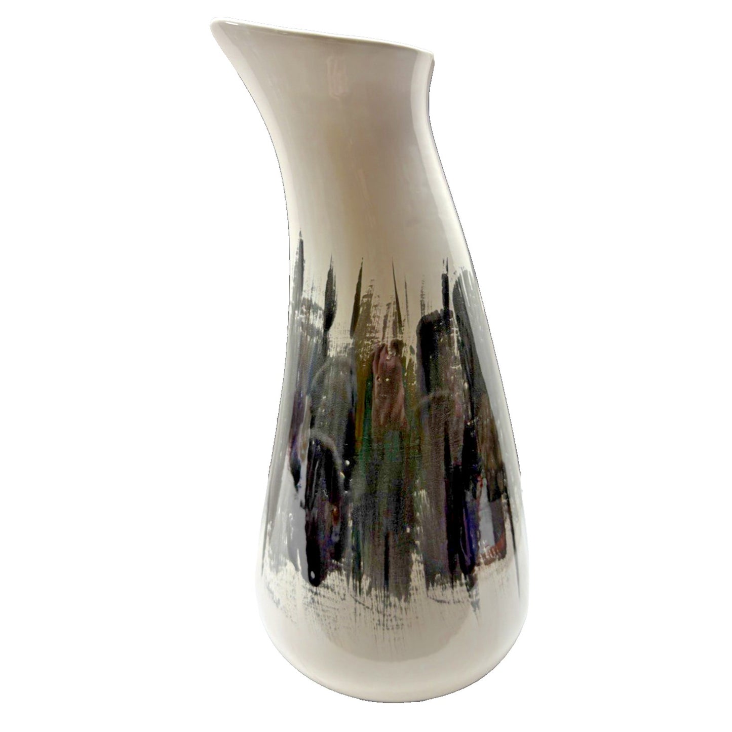 MCM Abstract Art Pottery Vase Black White Brushed Glazed Asymmetrical Signed
