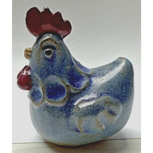 Vintage Folk Art Stoneware Hen Rooster Chicken Figurine Blue Red Glazed