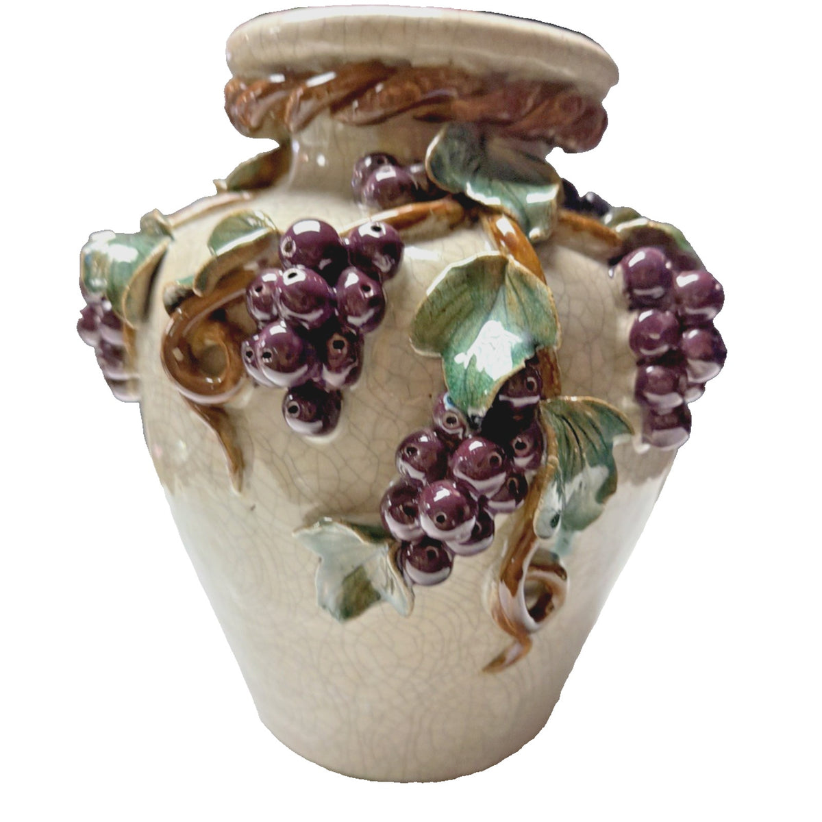 Old Majolica Pottery Chinese Crackle Glaze Rope Grapes Berries Leaves Vine As Is