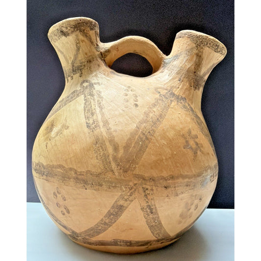 Old Berber Moroccan Pottery Vessel Double Spout Jug Hand Drawn Painted As Is