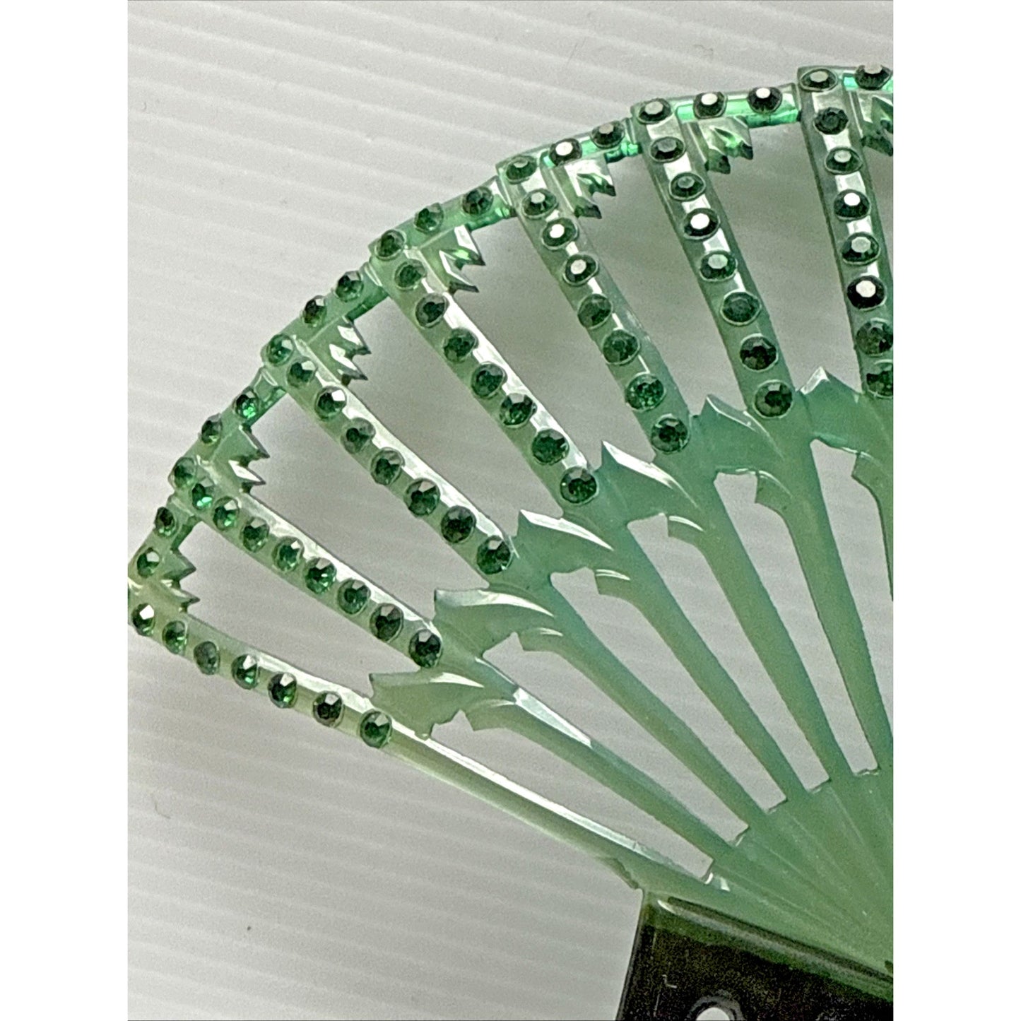 Art Deco Large Fan Shape Hair Comb Green Black Celluloid Rhinestone As-Is