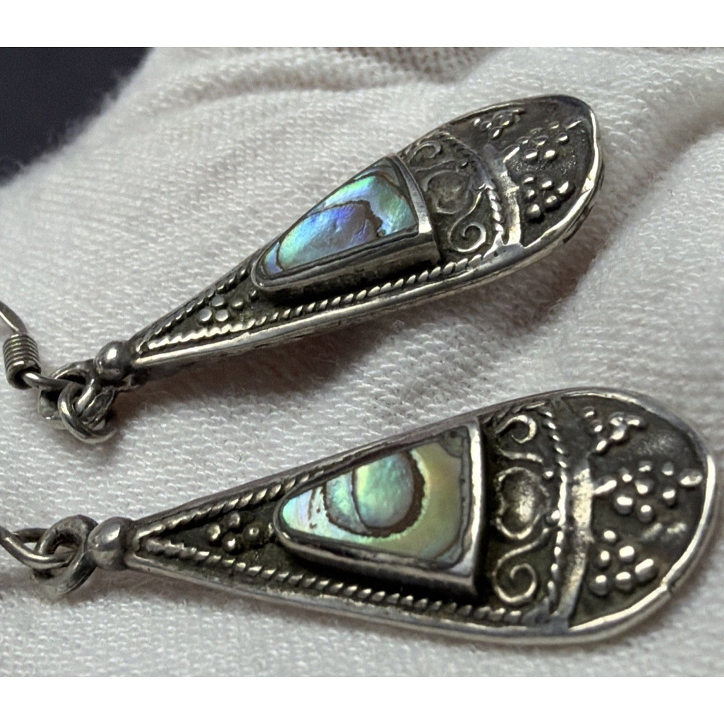 Vtg ATI Mexico Sterling Silver 925 Pierced Drop Teardrop Ornate Earrings Abalone