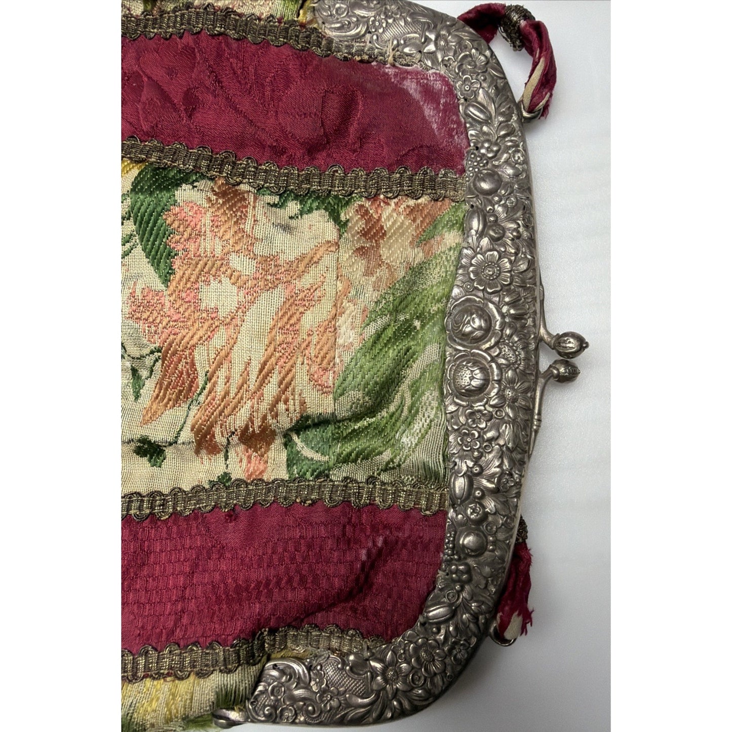 Antique Repousse Metal Frame Tapestry Needlepoint Evening Bag Silk Lined As Is