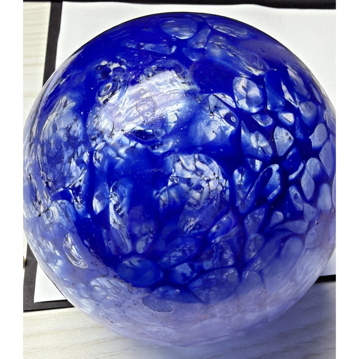 Hand Blown Studio Art Glass Cobalt Blue Iridescent Webbed Ornament Orb Witch Ball
