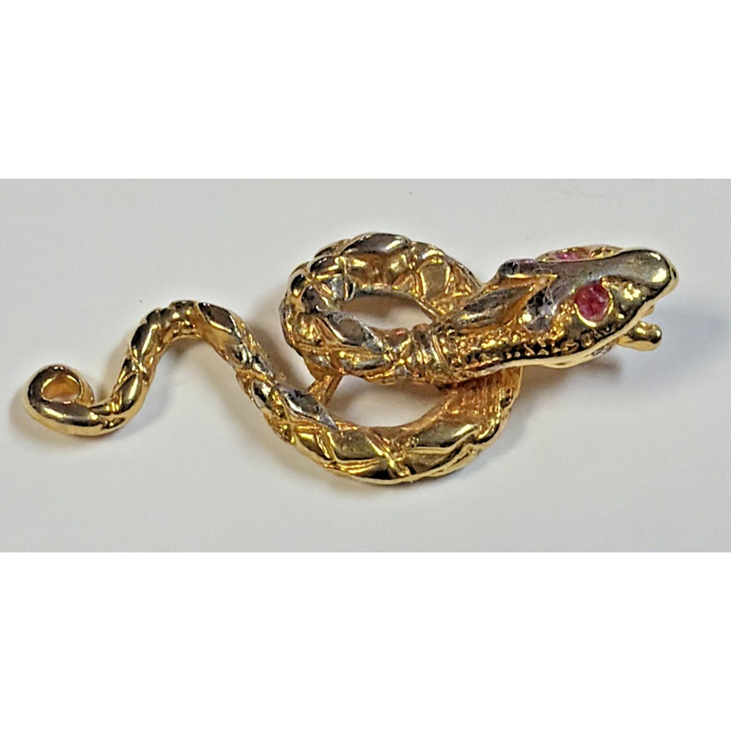 Vtg Coiled Snake Serpent Pendant Charm Open Mouth Ruby Eyes Gold Tone Infinity