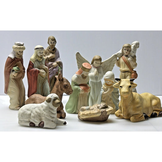 Vintage Lot of 11 Ceramic Porcelain Nativity Figurines Hand Painted As Is