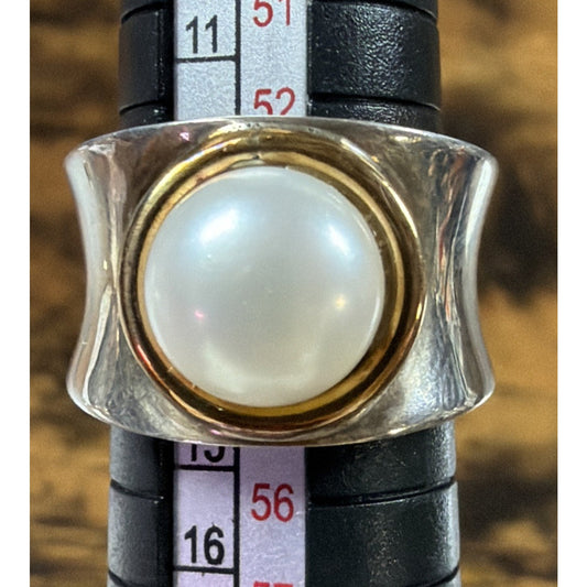 Italy Sterling Silver 18kt Gold Ring 9.5-10mm Pearl Wide Band Sz 7 Read