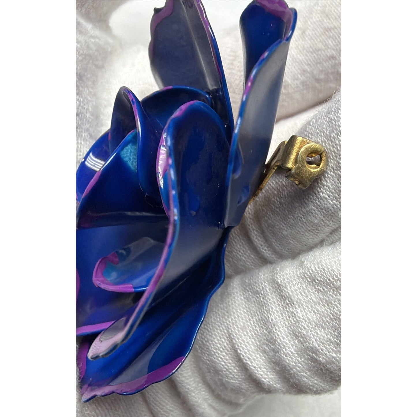 Vintage Blue Metal Purple Enamel Flower Bloom Pin Brooch Large