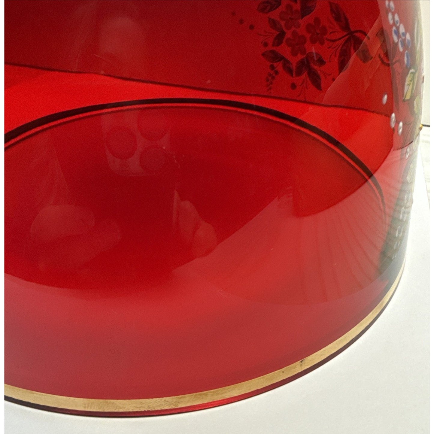 Vintage Czech Bohemian Ruby Red Crystal Hand Painted Enamel Bowl Flowers Gold