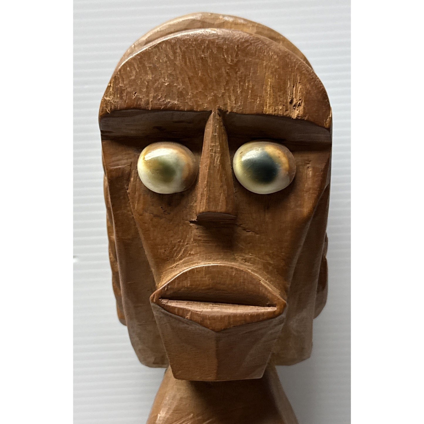 South Pacific Islander Art Wood Hand Carved Tribal Sculpture Shell Eyes As-Is