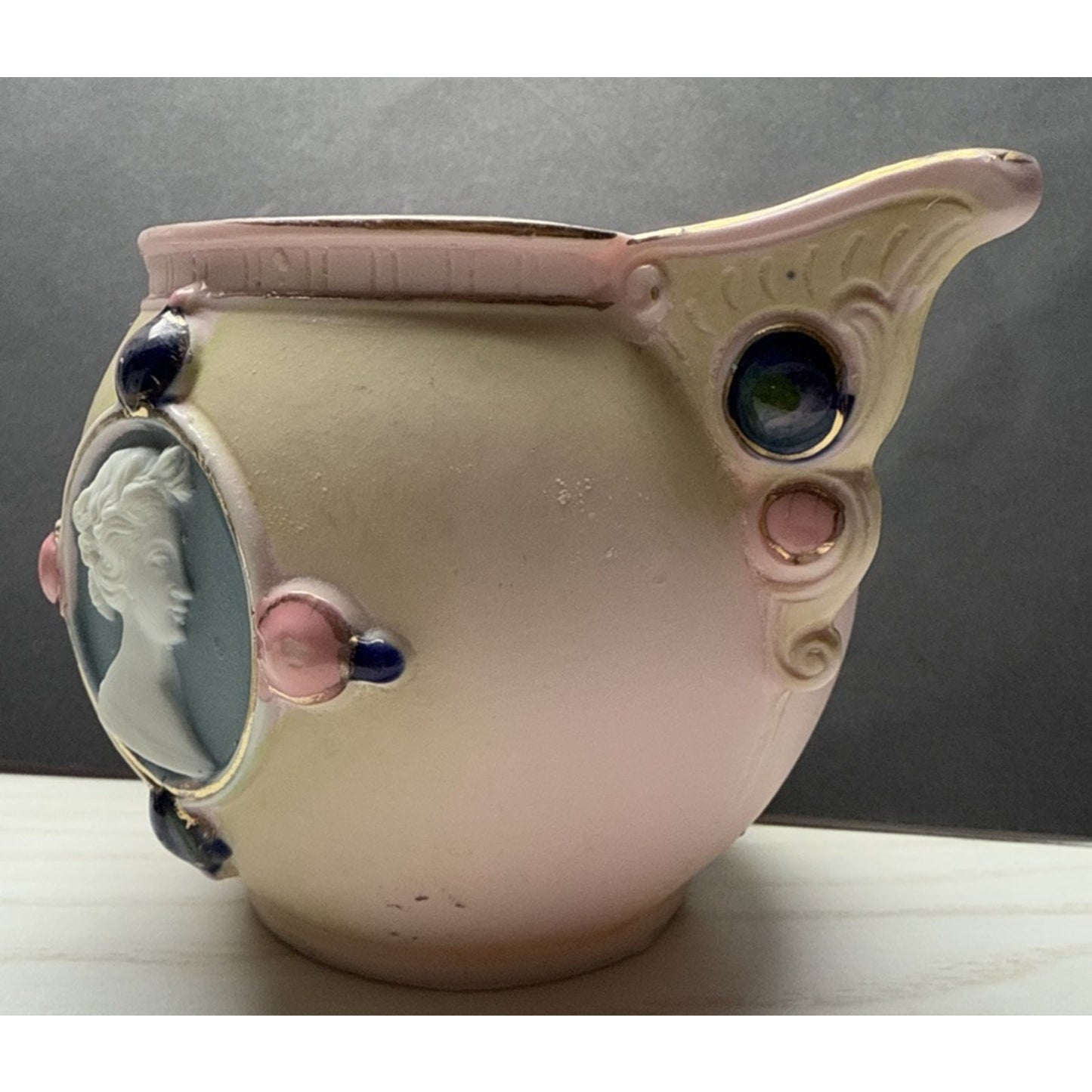 Antique Schafer Vater Bisque Porcelain Pink Jeweled Cameo Pitcher Creamer As Is