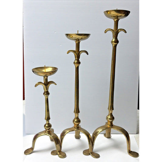 Vintage Lot of 3 Tripod Taper Candle Holders Brass Adirondack Deco Style