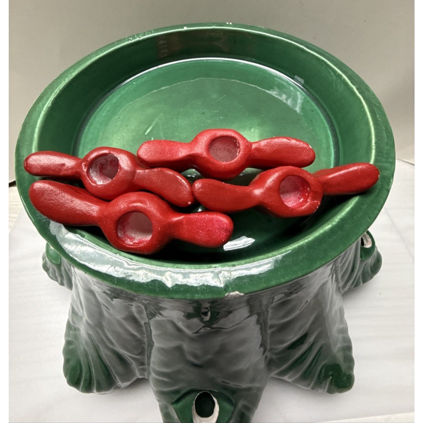 Vintage Marcia Ceramics Large Christmas Tree Red Bow Candle Holders As Is