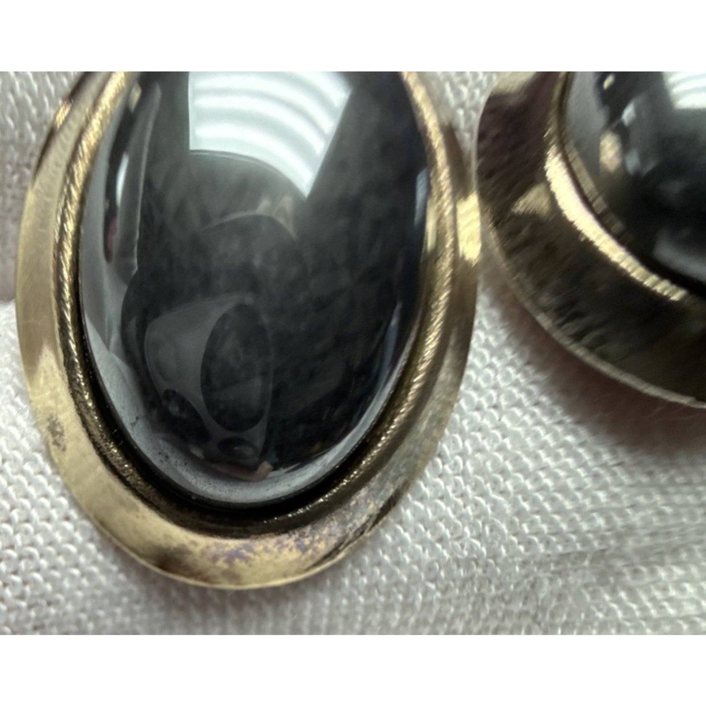 Vintage Gold Tone Metal Hematite Cabochon Earrings Oval Post Stud Large As-Is