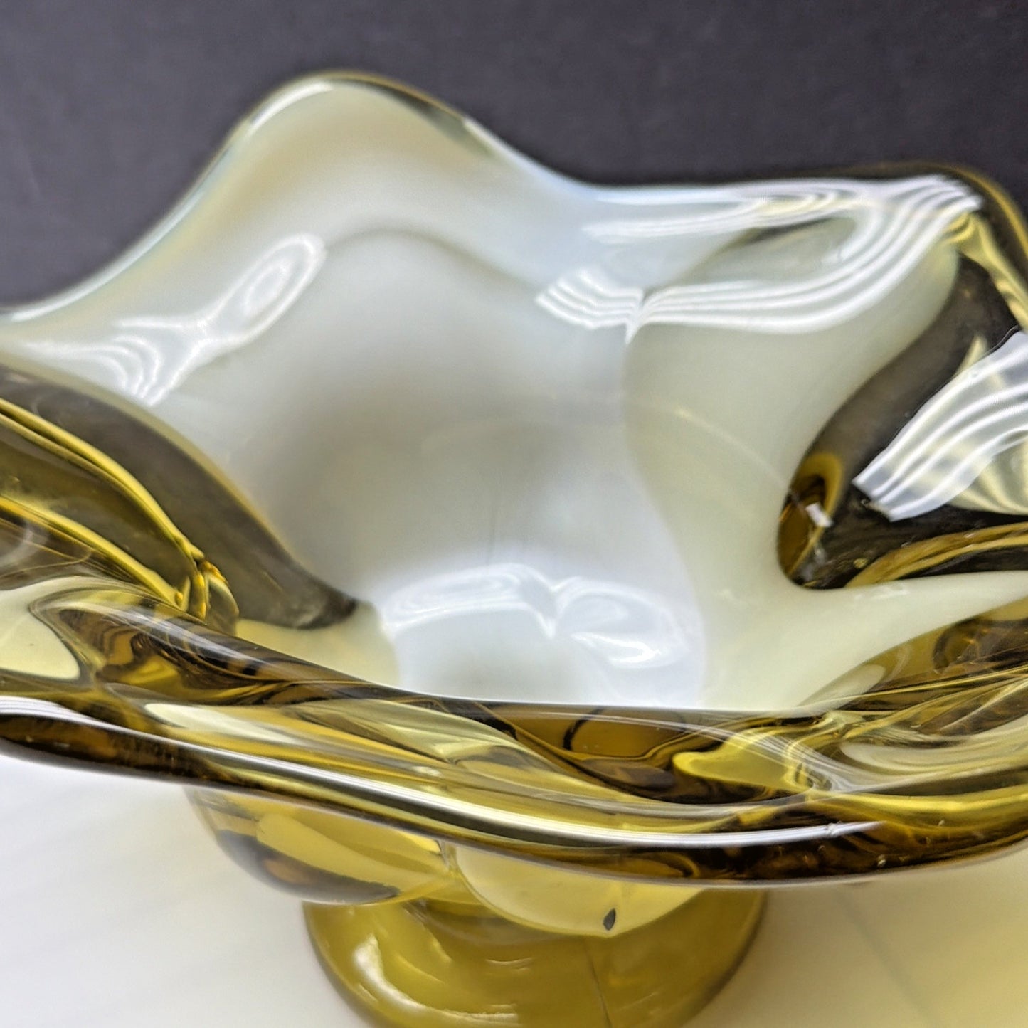 MCM Italian Art Glass Freeform Golden Bowl Amber White Handles Footed Pedestal