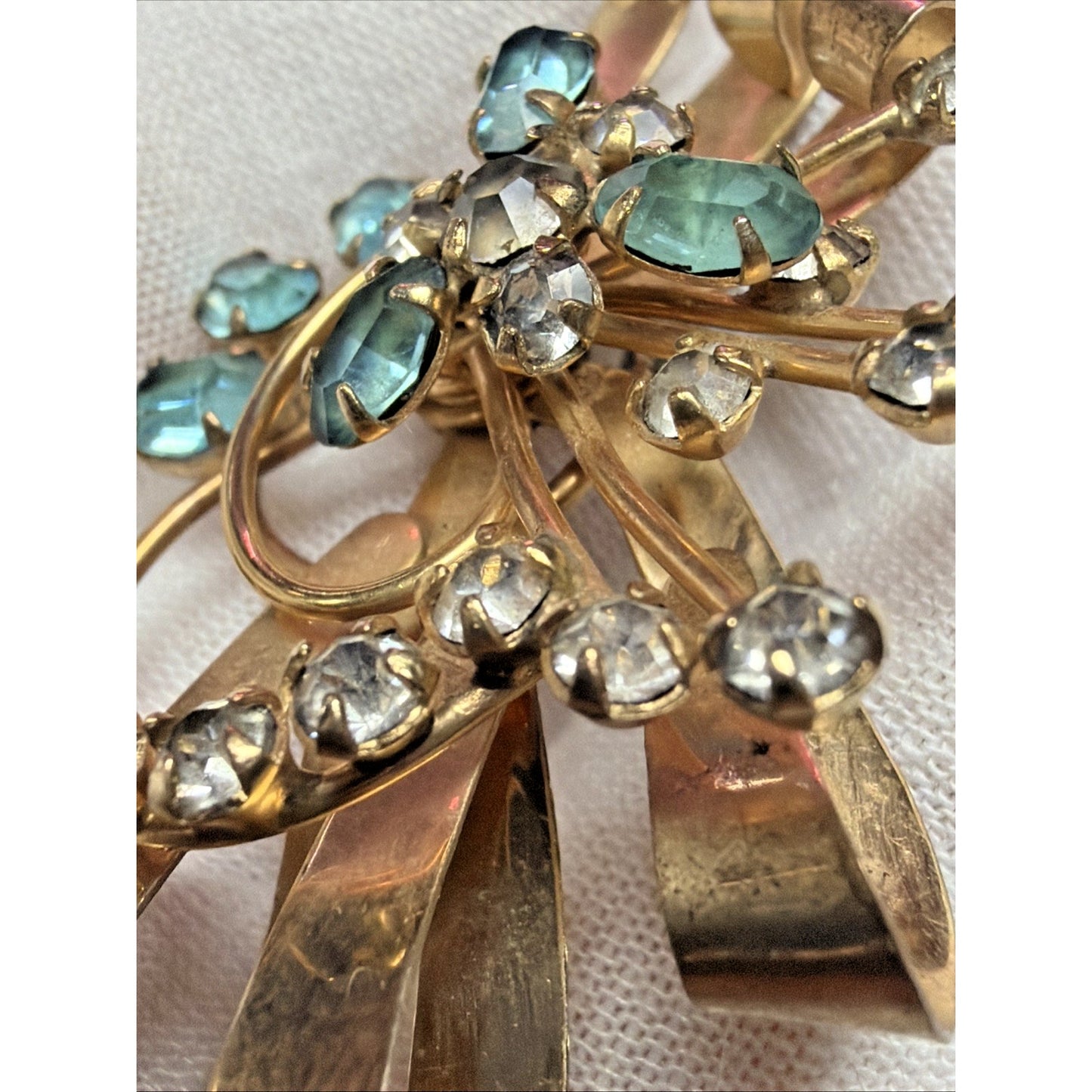 Vintage 1/20 10k Gold Filled Floral Spray Ribbon Pendant Brooch Aqua Rhinestone