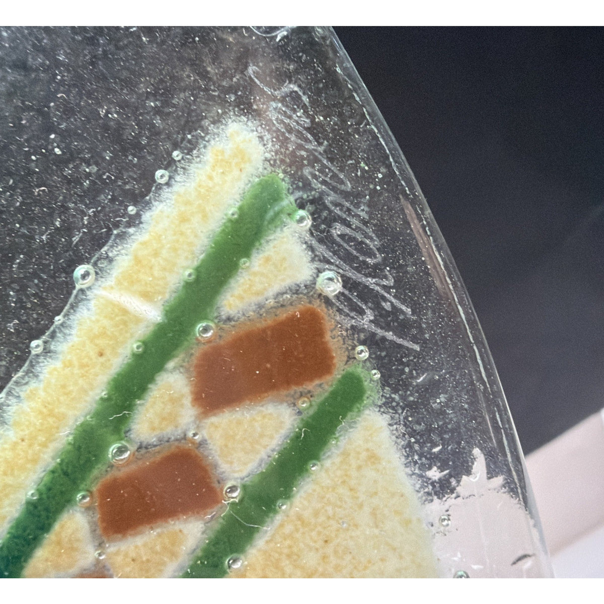 Vintage Peggy Karr Fused Glass Christmas Tree Toy Train Platter Teddy Bear