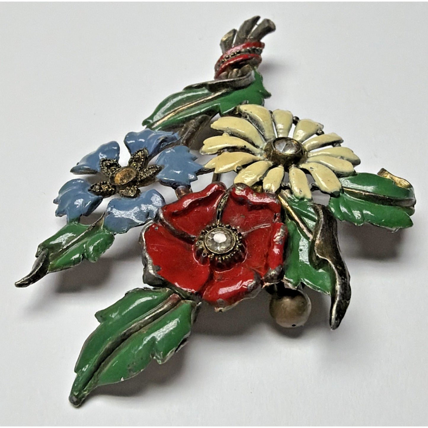 Art Deco Enamel Flower Brooch Bouquet Brass Vial Rhinestone Pot Metal As Is
