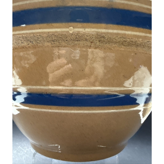 Antique Farmhouse 10.5” Yellowware Pottery Mixing Bowl 6 Stripe Blue White As-Is