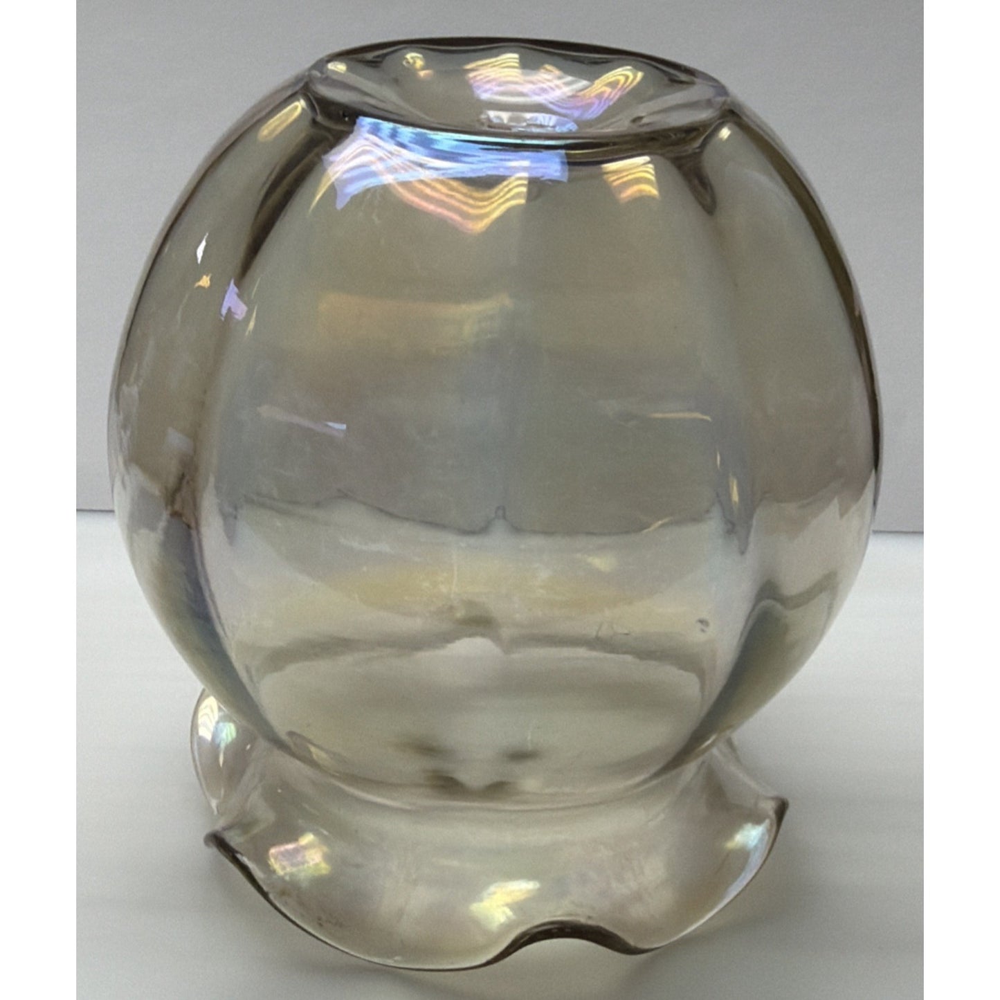 Victorian Loetz Moser Smoke Gray Iridescent Vase Ruffle Optic Rose Bowl As Is