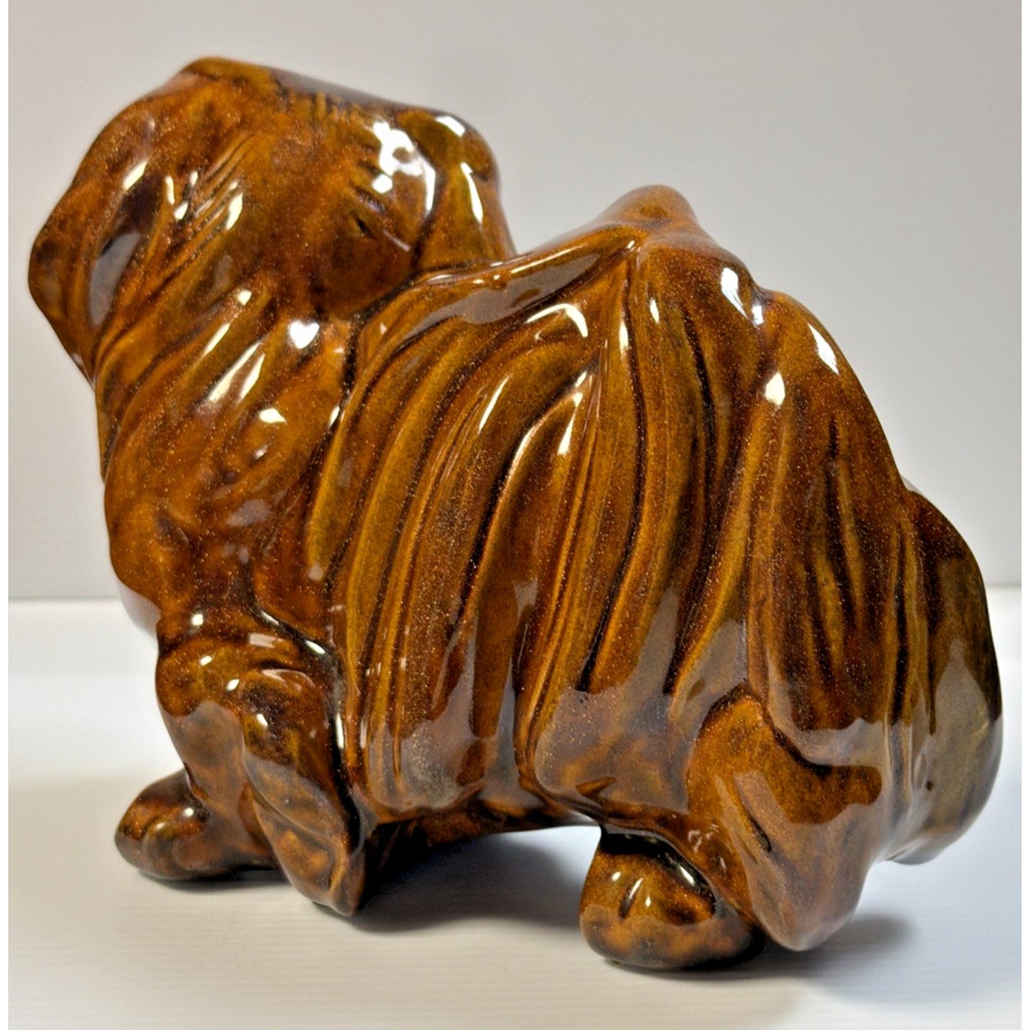 Vintage Pekingese Dog Statue Ceramic Mold Brown Copper Aventurine Glaze Signed