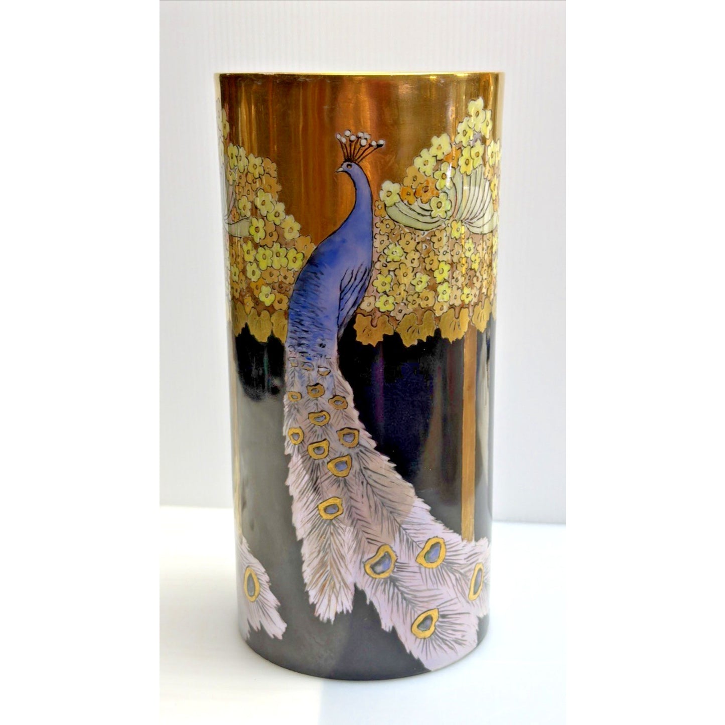 Antique Rosenthal Selb Bavaria Hand Painted Peacock Vase Black Gold As Is