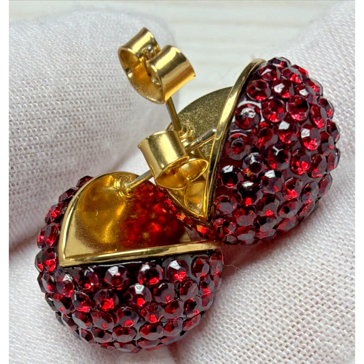 J Crew Pave Crystal Ruby Red Rhinestone Ball Stud Chunky Dome Earrings Gold Tone