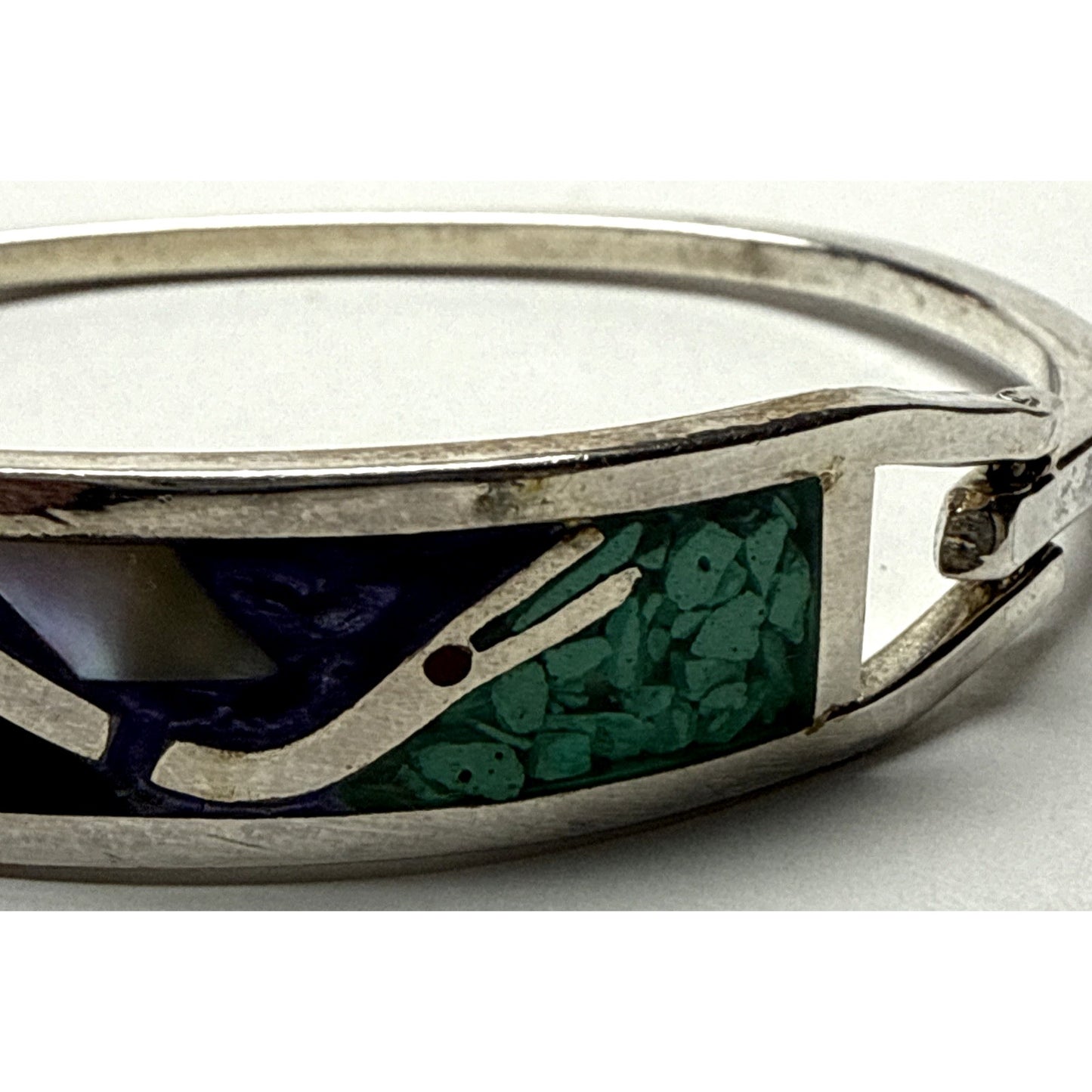 Vtg Taxco Mexico Inlaid Bracelet Snake Abalone Hinged Mother of Pearl Onyx Lapis