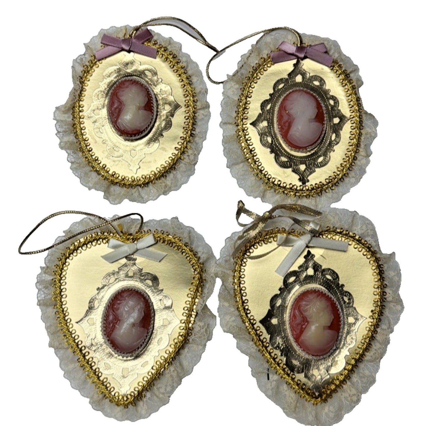 Vintage Lot of 4 Cameo Lace Gold Ornaments Victorian Taiwan As Is