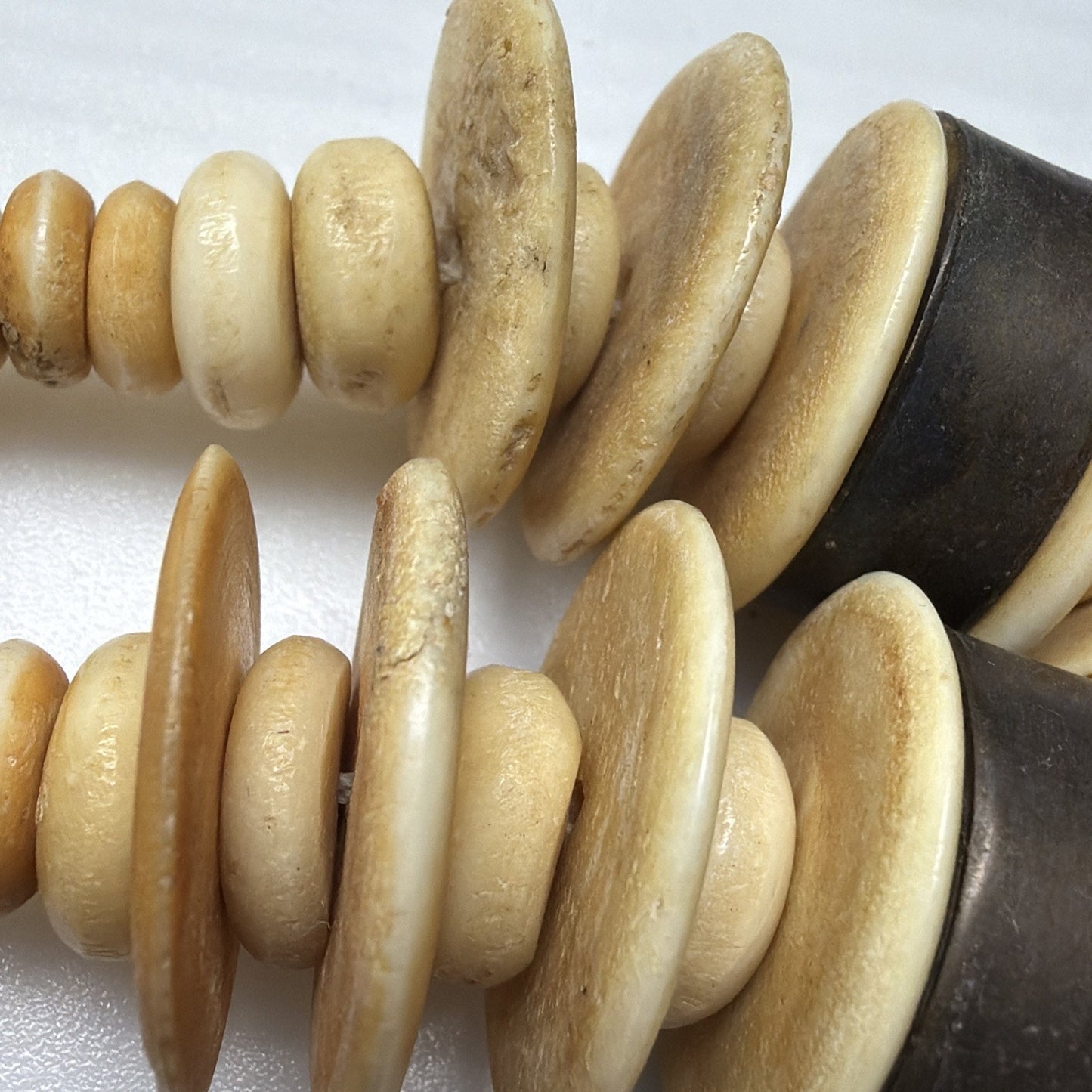 Old Ethnic Native Carved Bovine Camel Bone Brass Bronze Chunky Necklace Disc