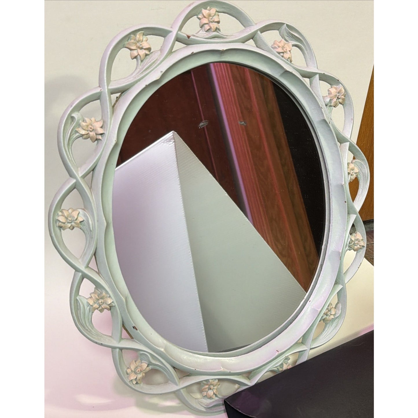 Vintage Syroco Wood Ornate Standing Hanging Mirror Green Pink Flower Buds As Is