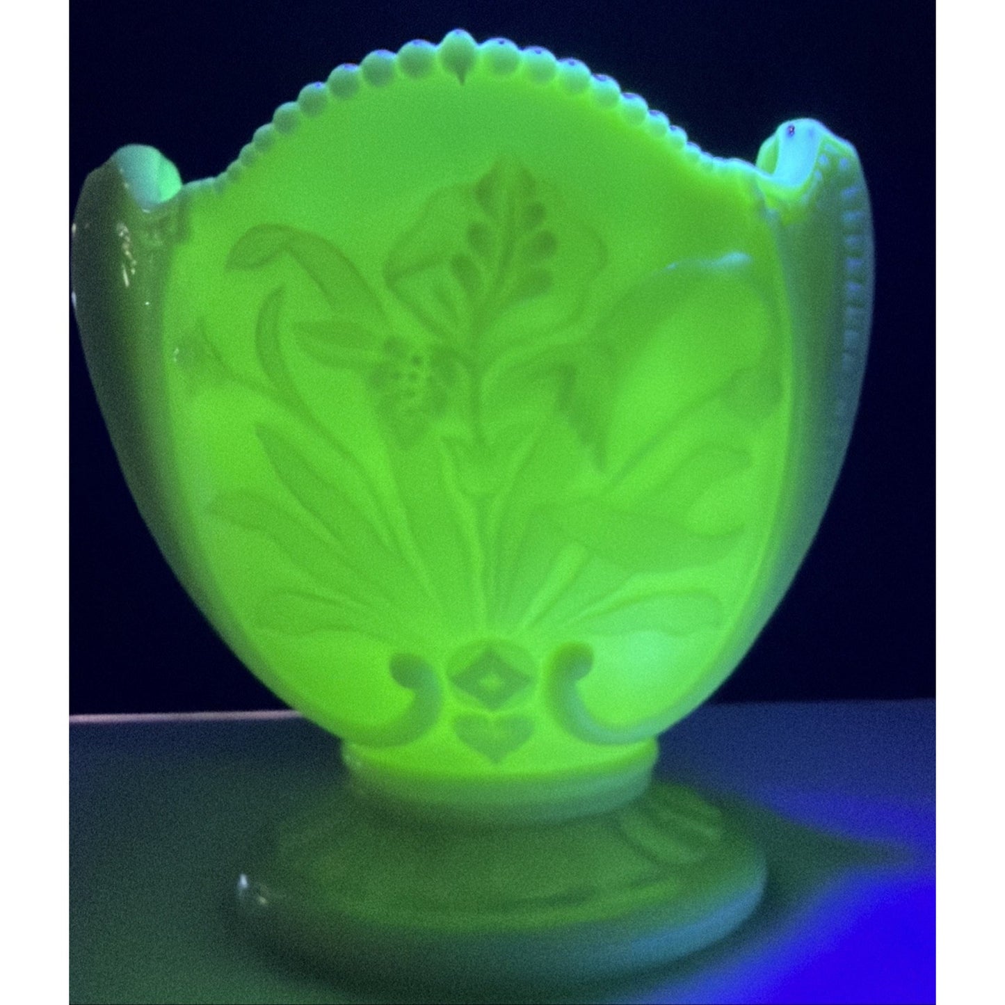 EAPG National Northwood Glass Iris Wild Bouquet Custard Spooner Spill Uranium