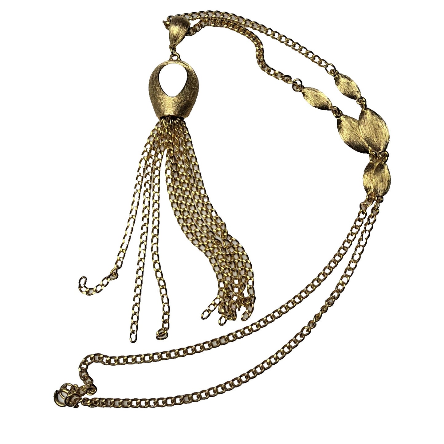 Vintage Gold Tone Brushed Leaf Waterfall Pendant Tassel Necklace