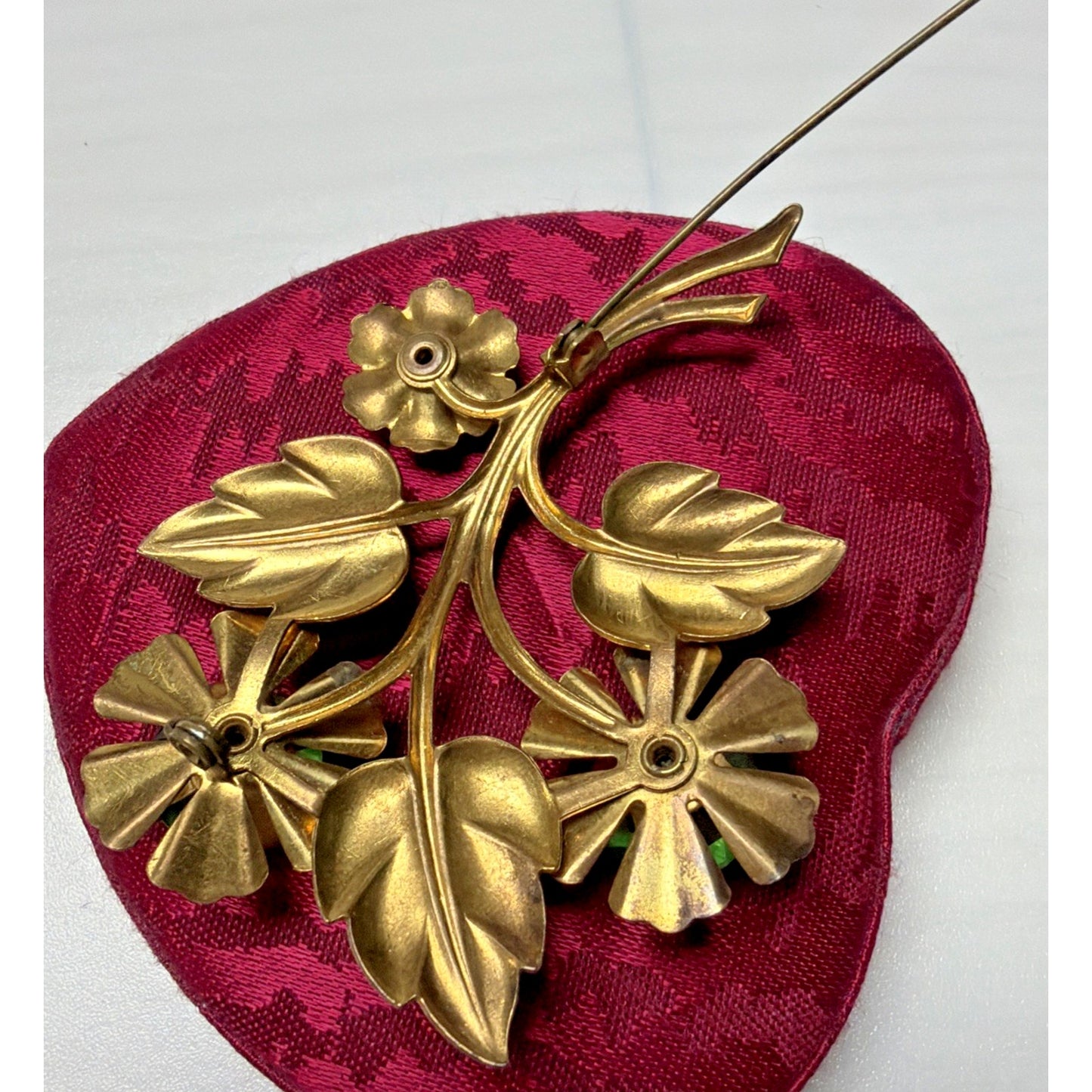 Vintage Large Gold Tone Floral Sprig Spray Brooch Pin Green Rhinestones
