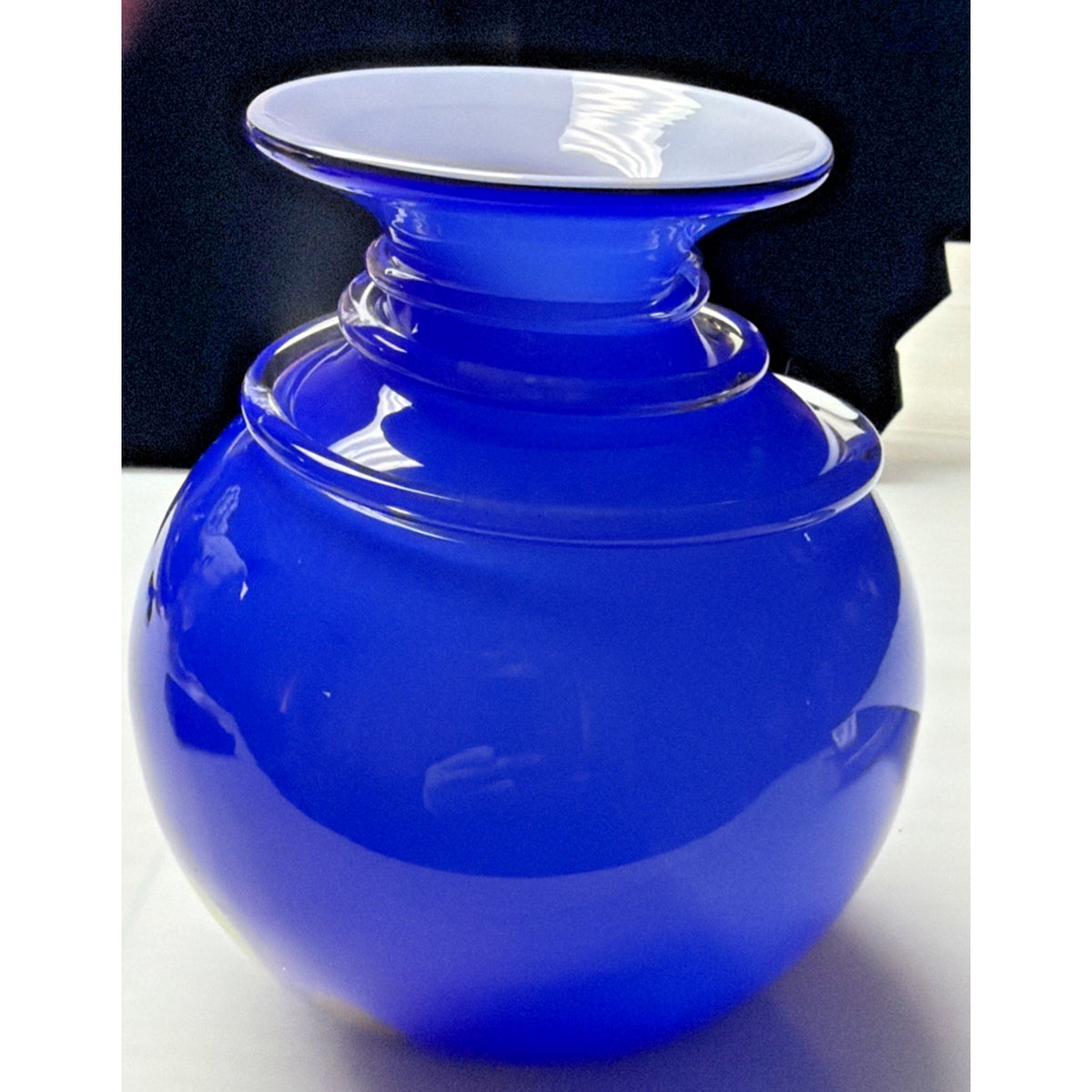 Modern Cobalt Blue Abstract Cased Art Glass Vase Spiral Confetti Spots