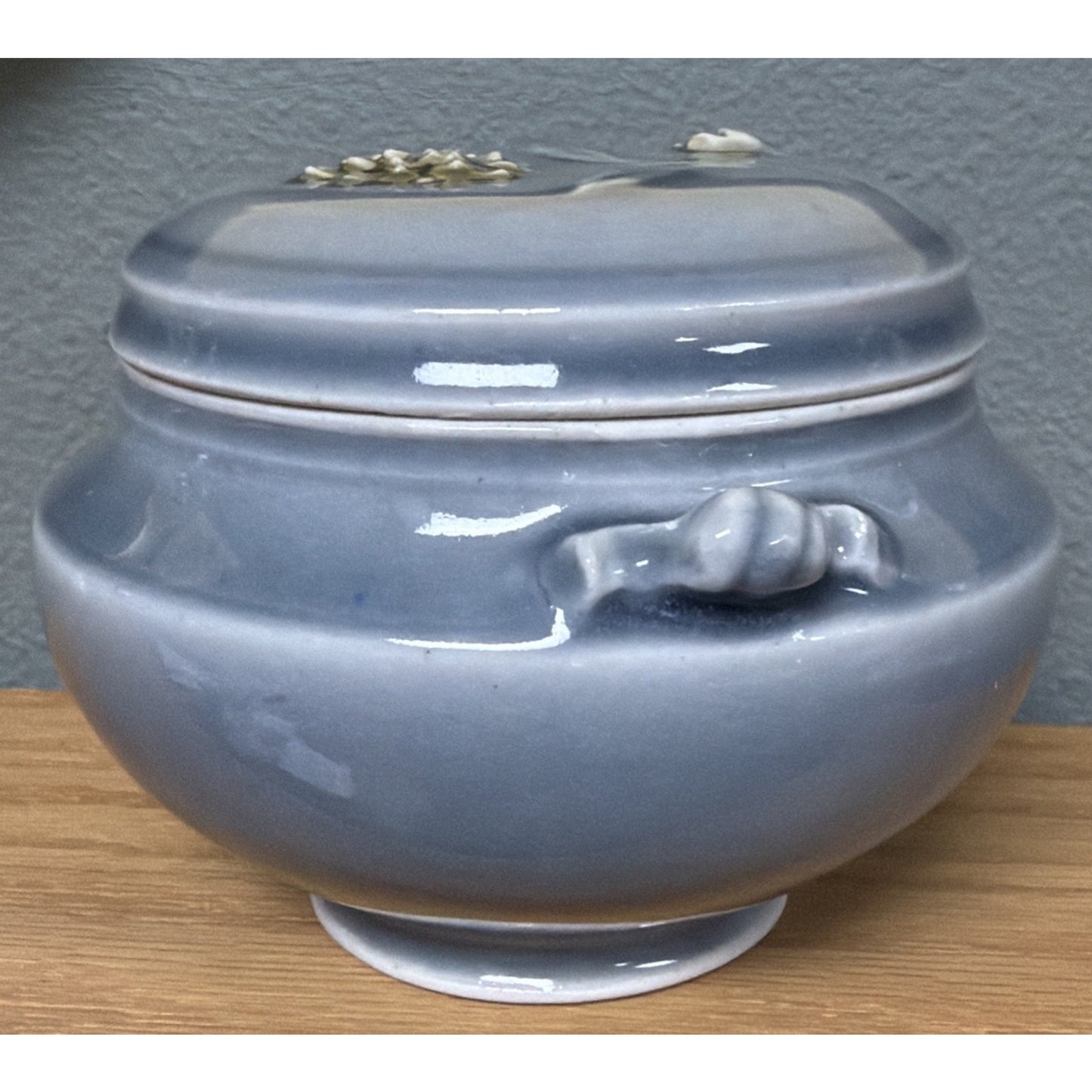 Vtg Celadon Tea Caddy Ginger Jar Embossed Chrysanthemum Blue Gray Handles Signed