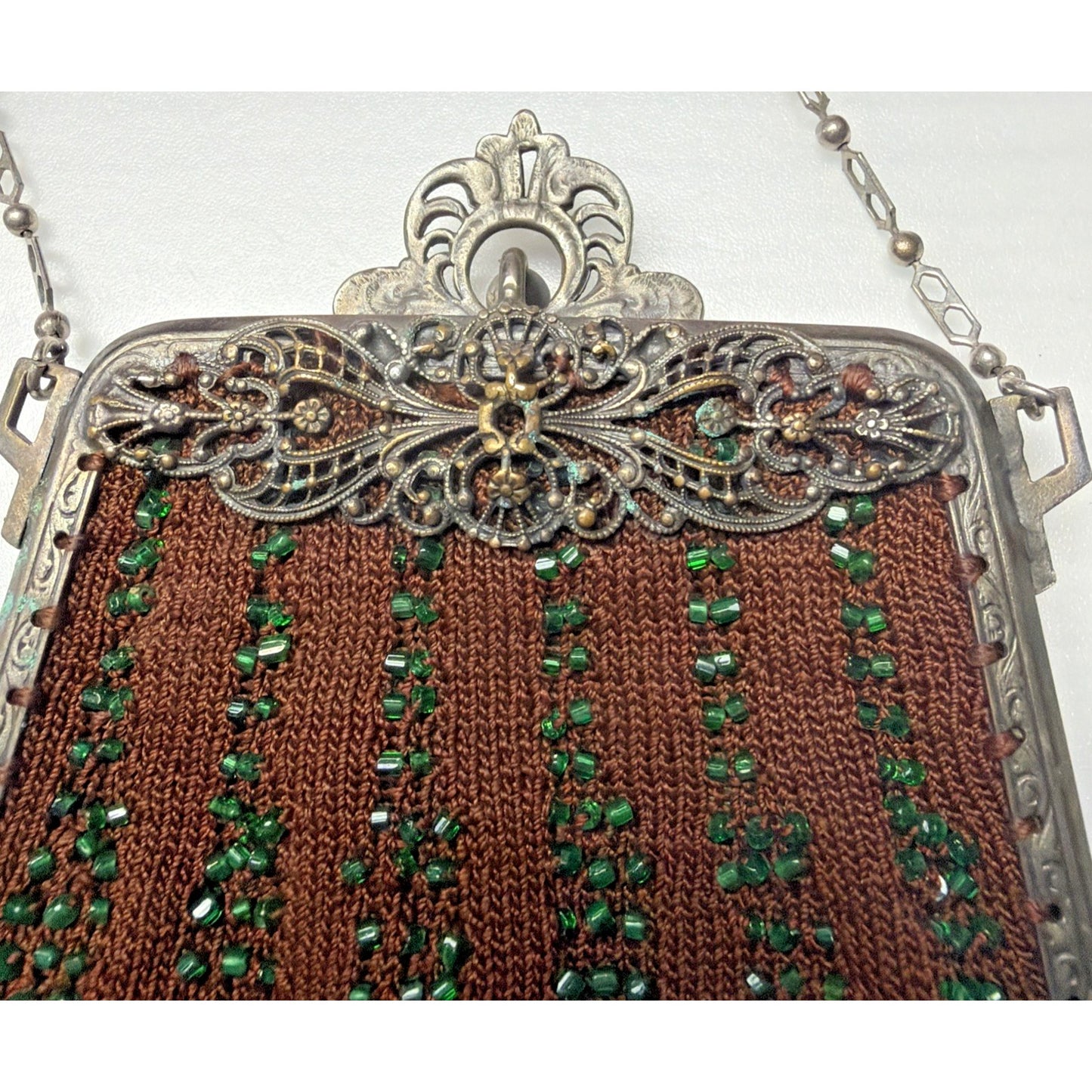Antique Crochet Brown Green Micro Bead Purse Ornate Metal Frame Kiss Lock Strap