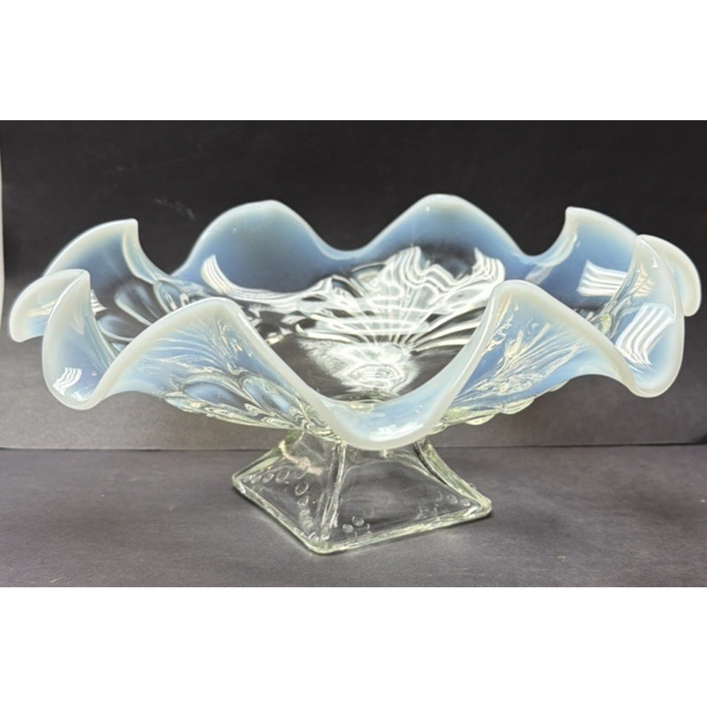 EAPG Jefferson Glass Footed Bowl Beaded Fan 211 Opalescent Ruffled Wavy Rim