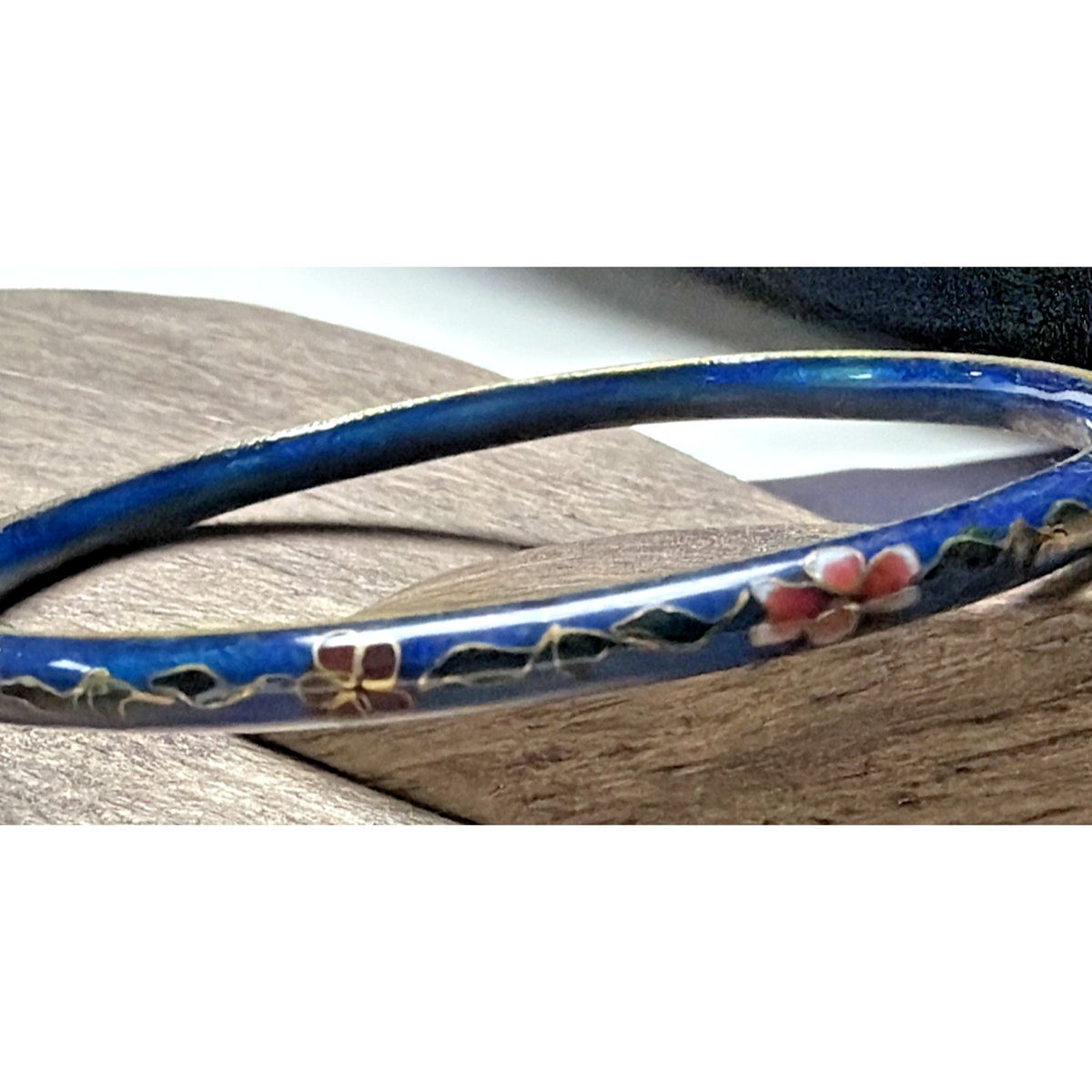 Vintage Chinese Cloisonne Floral Flower Bangle Bracelets Blue Enamel As Is