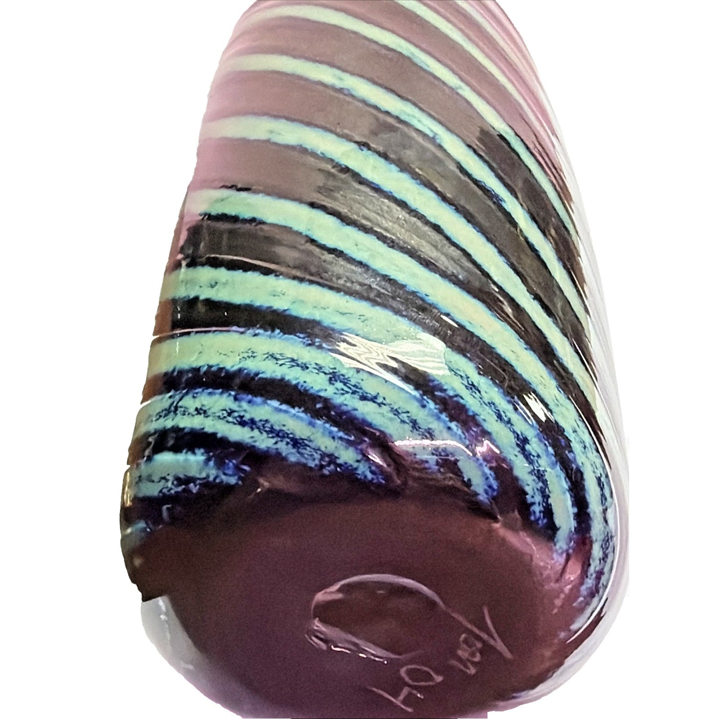 Jon Bush Iridescent Art Glass Vase Black Green Spiral Abstract Red Lip Signed