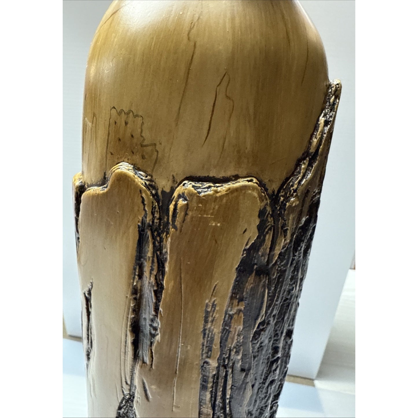 Carolyn Kinder Collection Faux Cypress Wood Urn Vase Pillar Black Pedestal As-Is