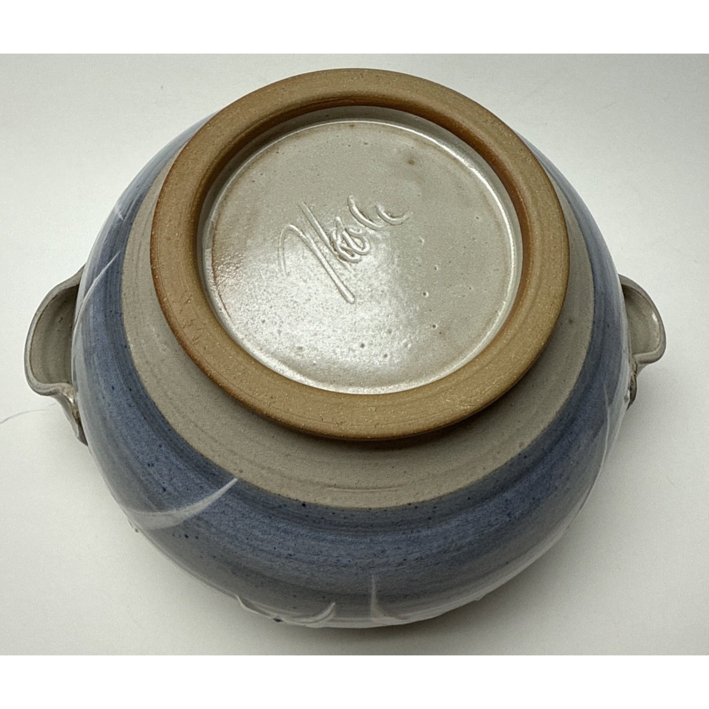 Noble Studio Art Pottery Casserole Lidded Trillium Blue White Handles